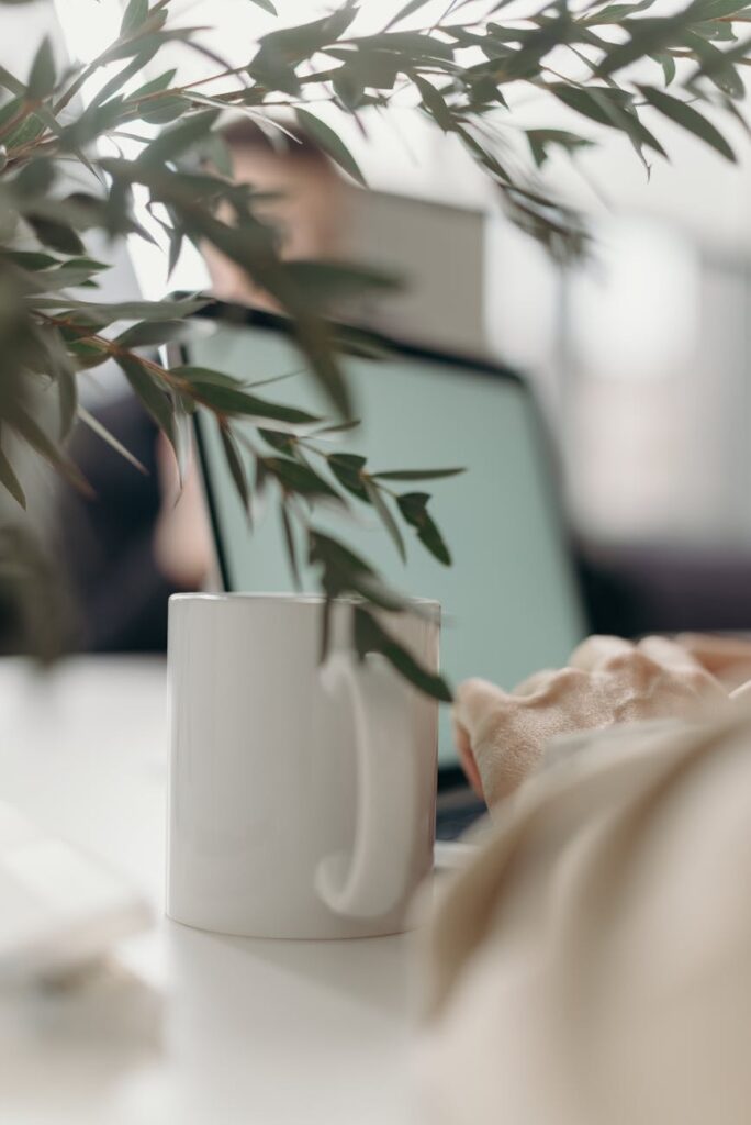 A calm home office scene with a white ceramic mug, computer laptop, and green leaves.